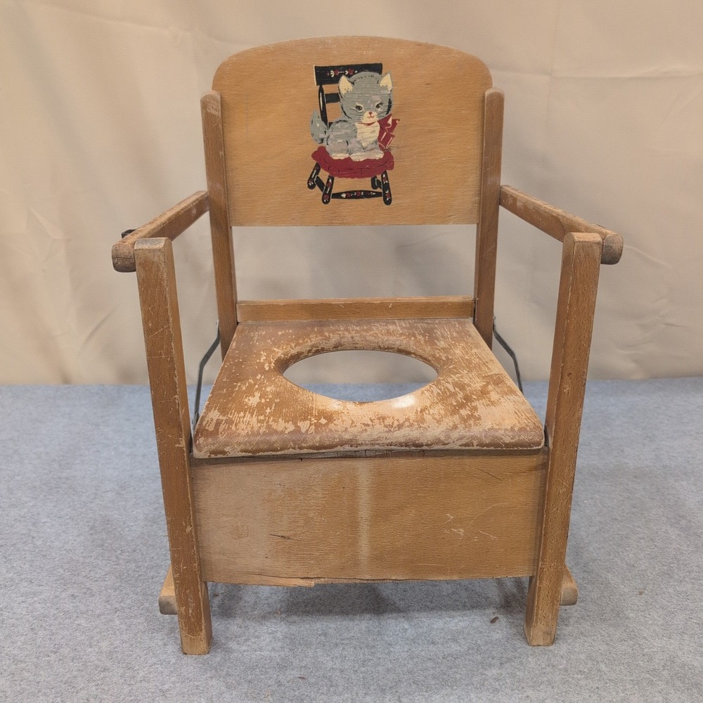 Vintage Wooden Potty Chair Kitten Graphic Mid Century Toddler Training Seat - Picture 1 of 9